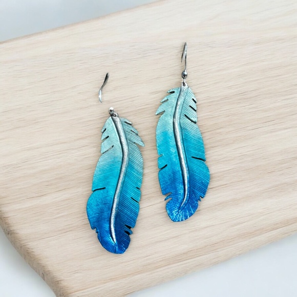 Feather Leather Earrings in Light Blue, Ombre Blue Western Jewelry - Picture 1 of 3